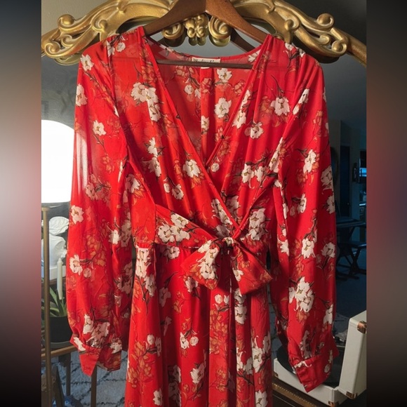 Indigo Rose Red Floral Faux Wrap Tie Waist Maxi Dress - Picture 2 of 5